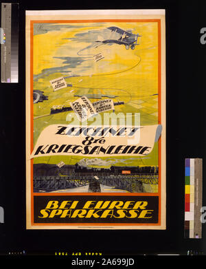 8 te zeichnet Kriegsanleihe bei eurer Sparkasse Abstract: Plakat zeigt einen Doppeldecker drop Zeichen zeichnet Kriegsanleihe 8te. Auf dem Boden sind Züge, die man auf der Unterseite der Poster, mit Vorzeichen Odessa-Kiev - Wien, ist über eine Brücke. Text: Abonnieren Sie den 8. Weltkrieg Darlehen an Ihre Sparkasse. Stockfoto