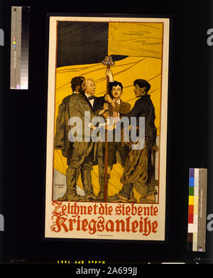 Die siebente zeichnet Kriegsanleihe Abstract: Plakat zeigt vier Männer, die die verschiedenen Klassen der Österreichischen Gesellschaft - Professionelle, Arbeiter, Bauern und Studenten () - mit einem Flag pole. Text: Abonnieren Sie den 7. Weltkrieg Darlehen. Stockfoto