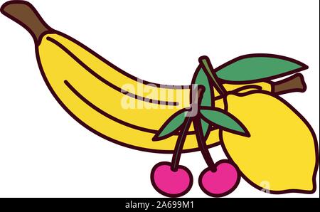 Frisches Obst Banane mit Mango und Kirschen Pop Art Stil Stock Vektor