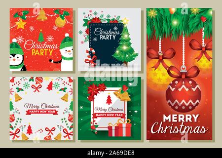 Set Karten frohe Weihnachten mit Dekoration Stock Vektor