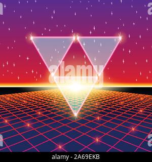 Im Retrostil futuristische Landschaft mit Dreiecken und glänzend Raster Stock Vektor