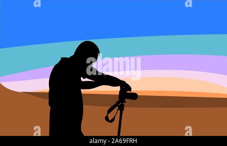 Silhouette der Fotograf nimmt Bild der Himmel und Wüste bei Sonnenaufgang durch die Kamera auf einem Stativ Stock Vektor