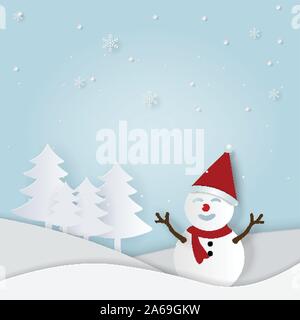 Abbildung: Papier Kunst und Handwerk Stil, Schneemann in Pinienwald mit Schneefall, Willkommen im Winter, ich Winter Liebe Stock Vektor