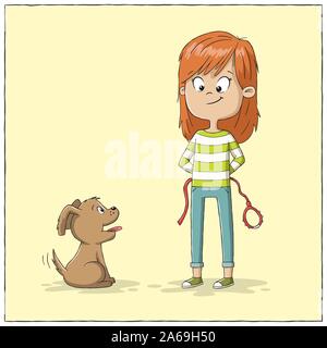 Mädchen und Hund laufen will. Hand Vector Illustration mit separaten Ebenen gezeichnet. Stock Vektor