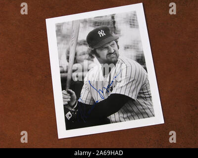 Vintage Yankees player Thurman Munson signiertes Foto. Stockfoto