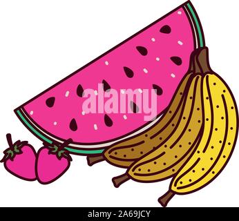 Bananen Cluster mit Wassermelone und Erdbeeren Pop Art Stil Stock Vektor