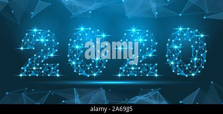 Abstrakte Mash Linie und Punkt Skalen auf dunklem Hintergrund mit 2020 Frohes neues Jahr. Wire Frame 3D-Gitter polygonalen Design - Illustration Vektor Stock Vektor