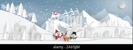 Papier Kunst, Handwerk Stil der Landschaft Landschaft Santa Claus und der Schneemann in Dorf mit Snow Mountain, frohe Weihnachten und ein glückliches Neues Jahr Stock Vektor
