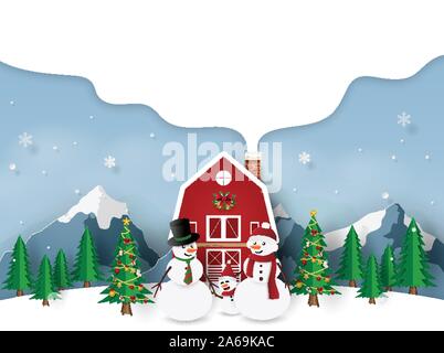 Papier Kunst, Handwerk Stil der Schneemann Familie mit roten Haus in Weihnachten, frohe Weihnachten und ein glückliches Neues Jahr Stock Vektor