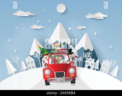 Papier Kunst, Handwerk Stil von Santa Claus und Freunde in rotes Auto im Dorf, frohe Weihnachten und ein glückliches Neues Jahr Stock Vektor