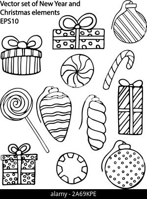 Vektor Hand gezeichneten Umriss der Neue Jahr und Weihnachten Geschenkboxen, Ornamente, Bonbons, Lutscher. Schwarze Kontur Doodle, Line Art. Malbuch Dekor Stock Vektor