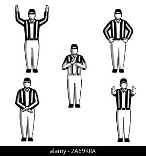 Retro Style Collection Set von Zeichnung Abbildung: ein American Football Schiedsrichter oder offiziellen Handzeichen auf isolierten Hintergrund blac Stockfoto