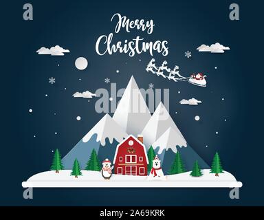 Papier, Handwerk Stil der Weihnachtstag mit Pinguin und Bär, frohe Weihnachten und ein glückliches Neues Jahr Stock Vektor