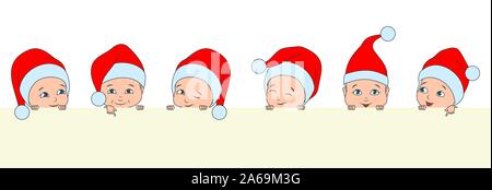 Set Weihnachten Kinder, Babys in Santa Hüte. Jungen und Mädchen mit sauberem Hinweis - Illustration Vektor Stock Vektor