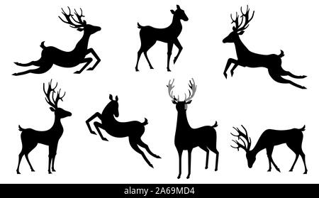 Set Silhouetten Hirsche isoliert. Springen und Laufen Rentiere und Hirsche - Illustration Vektor Stock Vektor