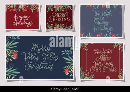 Bündel von frohe Weihnachten Karte mit Kalligraphie und Blumenschmuck Stock Vektor