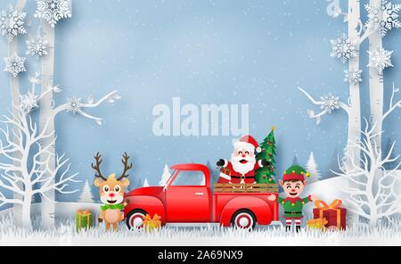Origami Papier Kunst von Weihnachten rot Lkw mit Weihnachtsmann, Rentier und Elf, frohe Weihnachten und ein glückliches Neues Jahr Stock Vektor