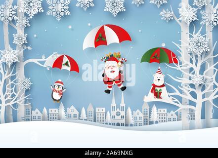 Origami Papier kunst von Santa Claus und Christmas Zeichen machen einen Sprung mit dem Fallschirm über dem Dorf, frohe Weihnachten und ein glückliches Neues Jahr Stock Vektor