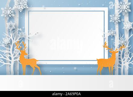 Origami Papier Art Style, Rentiere im Wald mit Schneeflocke, Winter Banner kopieren Raum Stock Vektor