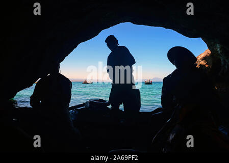 Die Erkundung der See von Cortez auf ein Sternzeichen, Baja California, Mexiko Stockfoto