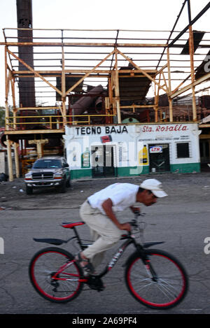 Junger Mann auf dem Fahrrad in Santa Rosalia, Baja California Sur, Mexiko Stockfoto
