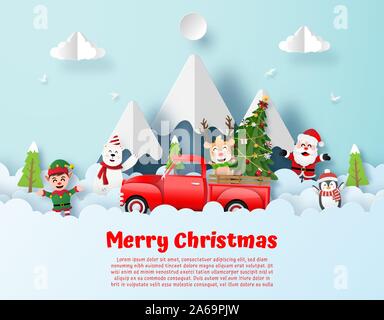 Origami Papier Art Style, Postkarte von Weihnachtsfeier mit roten Lkw und Santa Claus über den Himmel, frohe Weihnachten und ein glückliches Neues Jahr Stock Vektor