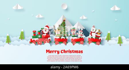 Origami Papier Art Style, Postkarte von Weihnachtsfeier im Zug mit Santa Claus und Christmas Zeichen am Berg, Frohe Weihnachten und guten Rutsch Stock Vektor