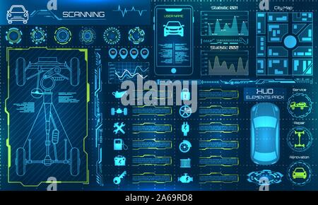 Ein HUD-Elemente Auto Service, Reparatur Infografiken. Scannen, Prüfung, Überwachung - Illustration Vektor Stock Vektor