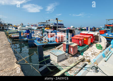 Male, Malediven - November 16, 2017: Bereich von frischem Fisch Markt in Male, Malediven. Fischerei und Verkehr Boote sind an der Pier. Stockfoto