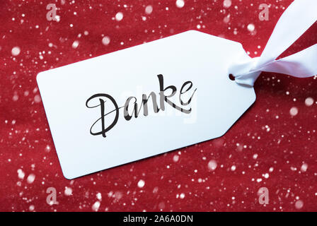 Roter Hintergrund, Label, Danke, Danke, Schneeflocken Stockfoto