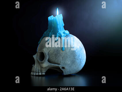 Eine makabre Konzept zeigt einen menschlichen Schädel, gekrönt mit einem Schmelzpunkt Kerze mit einer blauen Flamme auf einem isolierten dunklen Studio Hintergrund - 3D-Rendering Stockfoto