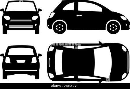 Kleines Auto Silhouette auf weißem Hintergrund. Fahrzeugsymbole Ansicht von der Seite, vorne, hinten, oben Stock Vektor