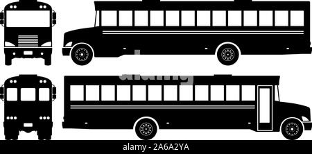 School Bus Silhouette auf weißem Hintergrund. Fahrzeugsymbole Ansicht von der Seite, Vorderseite und Rückseite Stock Vektor