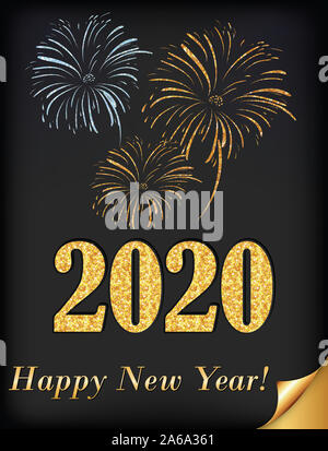Frohes Neues Jahr 2020! Grußkarte für Print, mit klassischem Design, stilisierte Feuerwerk auf einem dunklen Hintergrund Stockfoto