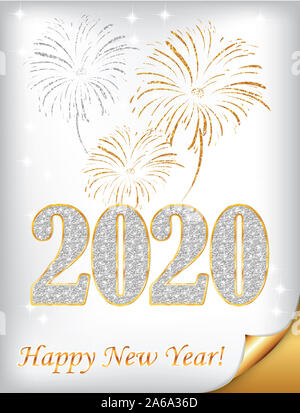 Frohes Neues Jahr 2020! Grußkarte für Print, mit klassischem Design: Feuerwerk auf silbernem Hintergrund. Stockfoto