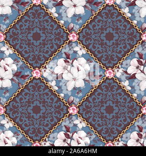 Nahtlose dekorative Muster mit Blumen und Ketten Stockfoto