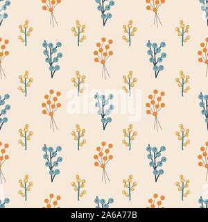 Blau Orange Gelb abstrakte doodle Beeren nahtlose Natur vektor Muster. Herbst florals wiederholen Hintergrund in den Farben der Saison. Für die Oberflächengestaltung Stock Vektor