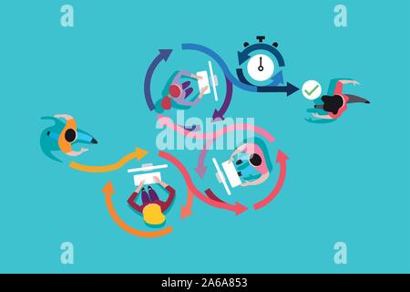Vector Illustration. Agile Entwicklung workflow-Methode. Blick von oben auf die Entwickler team Arbeiten an Computern. Stock Vektor