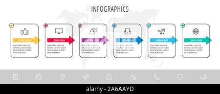 Linie vektor Infografik flachbild Vorlage. Rechtecke mit Pfeilen für sechs Diagramme, Graphen, Flussdiagramm, Timeline, Marketing, Präsentation. Business Konzept Stock Vektor