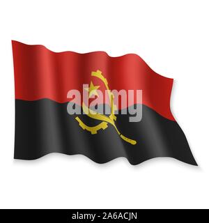 3D Realistische wehende Flagge von Angola auf weißem Hintergrund Stock Vektor