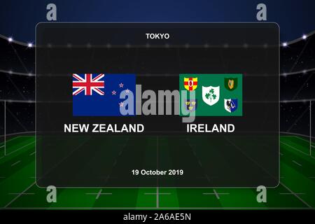 Neuseeland vs Irland, Rugby Cup Anzeiger broadcast grafische Vorlage Stock Vektor