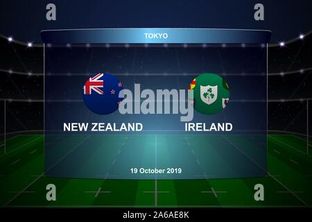 Neuseeland vs Irland, Rugby Cup Anzeiger broadcast grafische Vorlage Stock Vektor