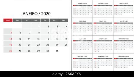 Einfacher Kalender auf Portugiesisch 2020 Woche beginnen am Sonntag. Für Planer Design Template Stock Vektor
