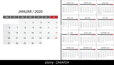 Einfacher Kalender auf Deutsch 2020 Woche beginnt am Montag. Für Planer Design Template Stock Vektor