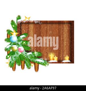 Fir Tree Branch mit Sterne und Kerzen um Platz Holz Grenze. Weihnachten Abbildung auf Weiß Stock Vektor