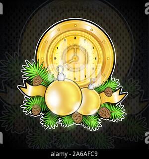 Goldene Uhr mit Spielzeug Kegel stehen auf Tannenbaum Äste auf der Tafel. Weihnachten Hintergrund Stock Vektor