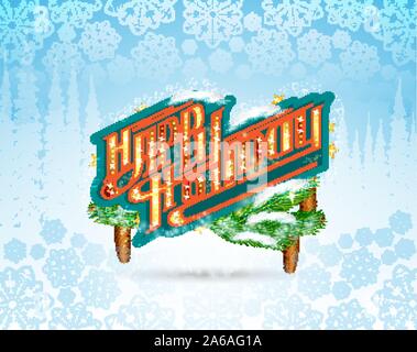 Winter Frost Landschaft mit happy holiday Schriftzug auf das Banner. Weihnachten horizontale Hintergrund mit Schneeflocken Stock Vektor