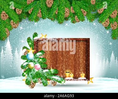 Winter Frost Landschaft mit quadratischen Holz Grenze stehen auf Schnee unter Fir Tree Branch. Weihnachten horizontale Hintergrund Stock Vektor