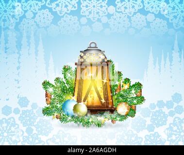 Winter Frost Landschaft mit Vintage lampand Kerzen auf Fir Tree Branch. Weihnachten horizontale Hintergrund mit Schneeflocken Stock Vektor