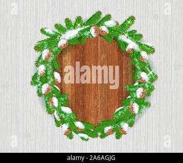 Kranz aus Kegel und Tannenbaum Äste mit Rundholz Rand auf weißem Holz Hintergrund. Winter Forest Weihnachten horizontale Hintergrund mit Schneeflocken Stock Vektor